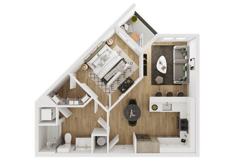 Floor plan for 1 bed, 1 bath, 611 sqft